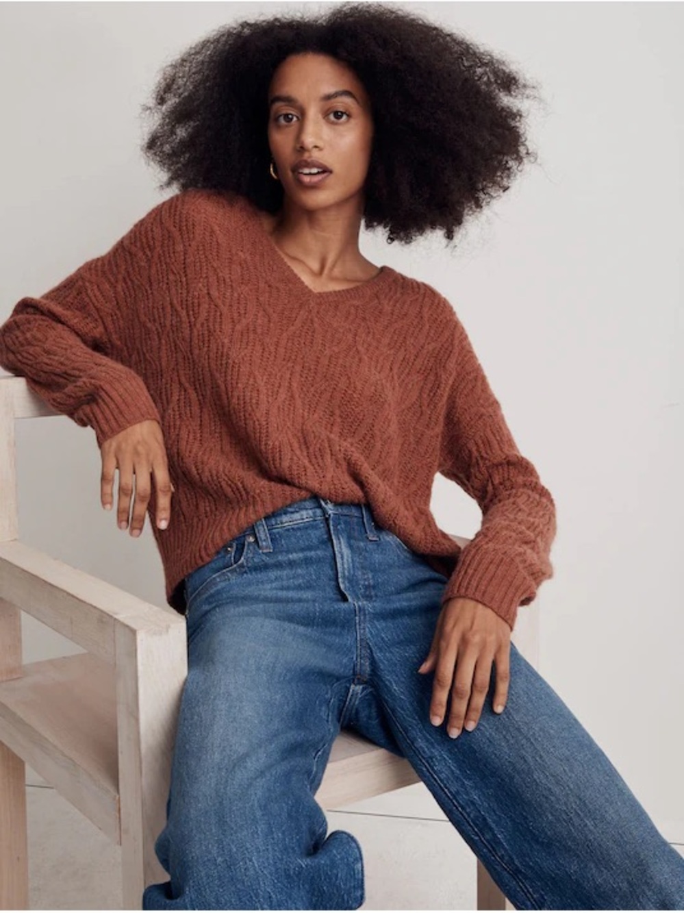 Madewell Alna V-Neck Cable Alpaca Blend Knit Sweater | Ground Clove | Small